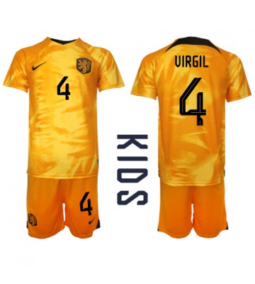 Holland Virgil van Dijk #4 Hjemmebanesæt Børn VM 2022 Kort ærmer (+ korte bukser)